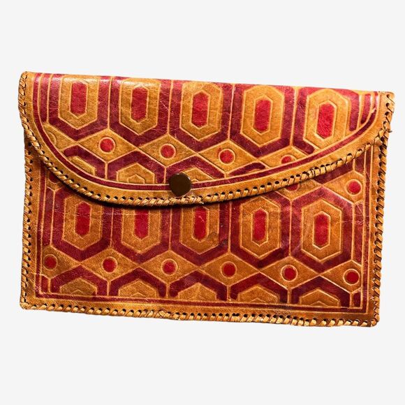 Vtg Tooled Leather boho hippie geometric Embossed Clutch Wallet Purse Handmade - Picture 1 of 7